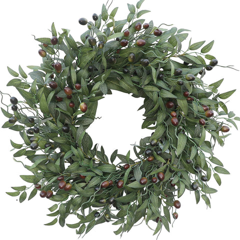 BHHDA Olive Wreath on front door with vibrant leaves and berries for welcoming curb appeal