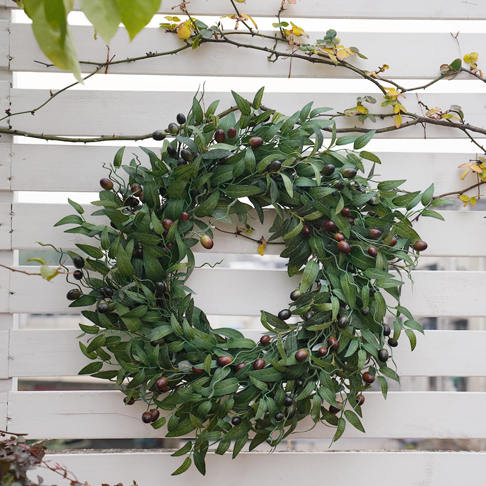 BHHDA olive wreath hanging display demonstrating easy setup for doors or walls