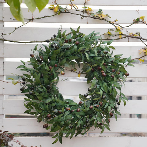BHHDA olive wreath hanging display demonstrating easy setup for doors or walls