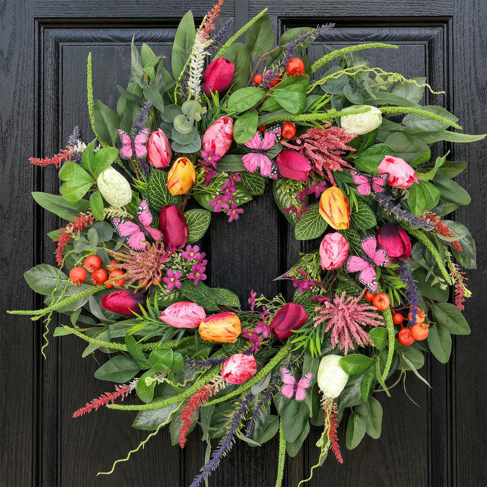BHHDA front door wreath with tulips and butterflies for curb appeal