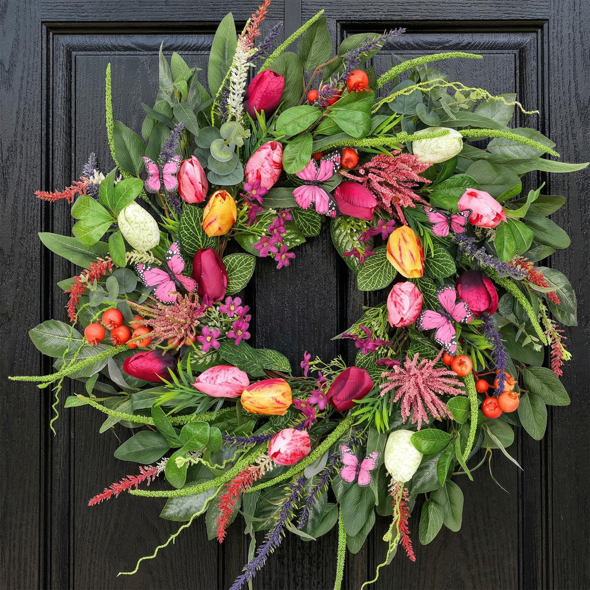 BHHDA front door wreath with tulips and butterflies for curb appeal