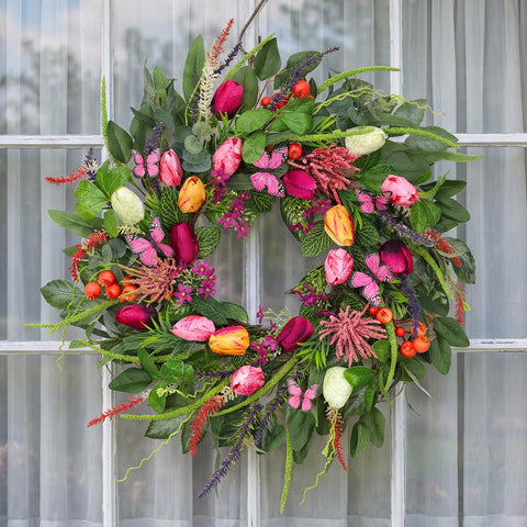 BHHDA mantel centerpiece wreath adds spring glow