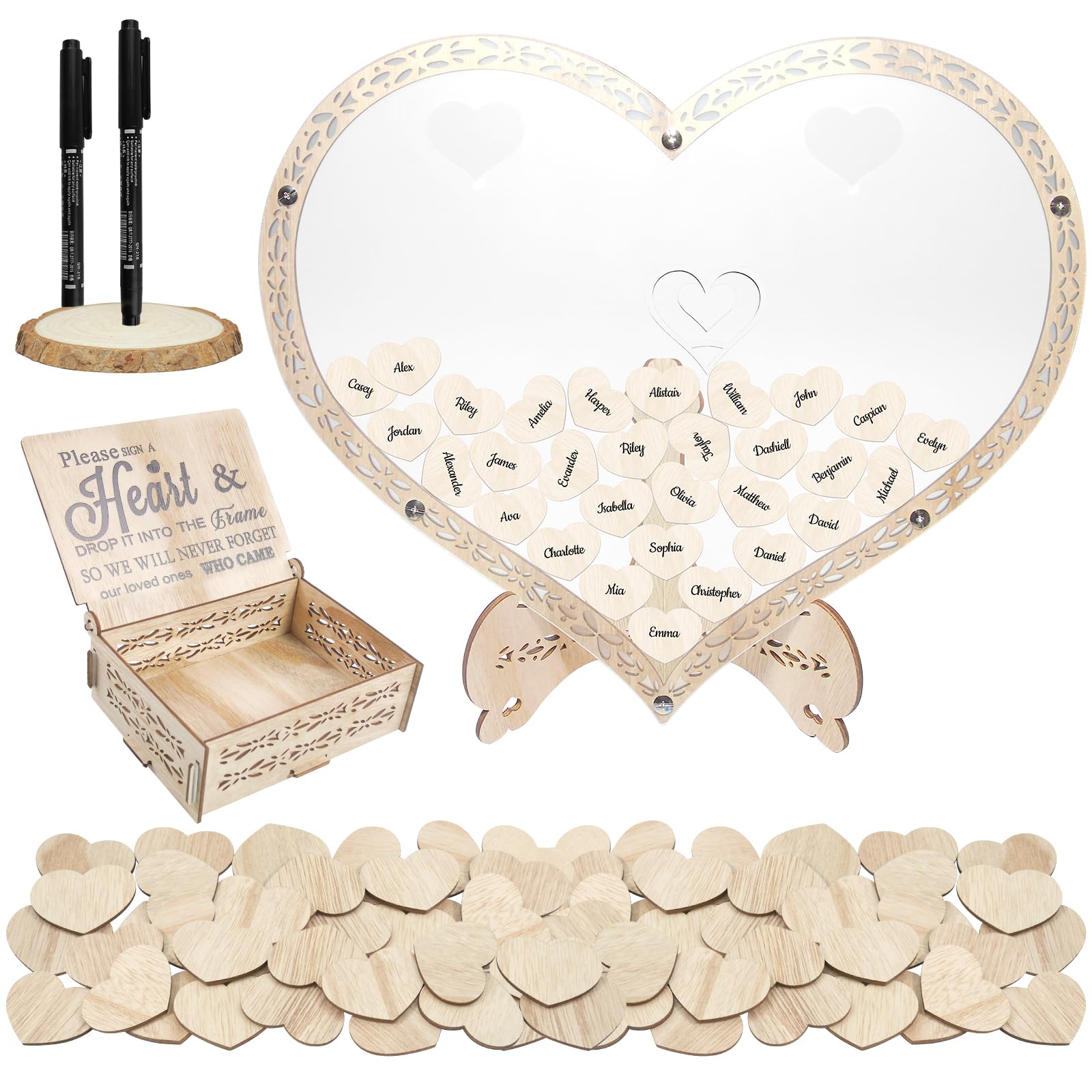 BHUCUTU wooden heart guest book with frame stand, a timeless keepsake for weddings and memories.