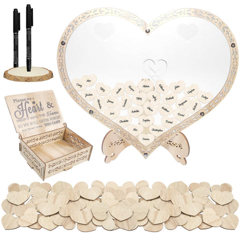 BHUCUTU wooden heart guest book with frame stand, a timeless keepsake for weddings and memories.