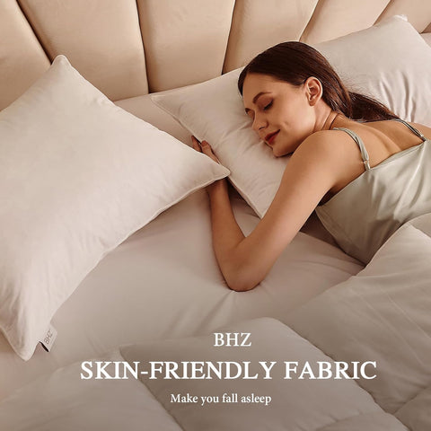 BHZ down pillow in hotel-style setting with inviting sleep comfort.