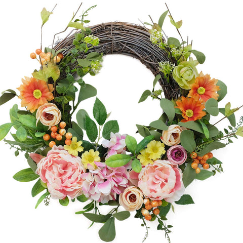 Bibelot 16-inch wreath features peonies and hydrangea on a grapevine base for durable decor.