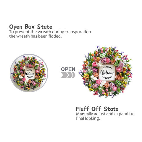 Bibelot 20-inch wreath displayed on door for versatile indoor/outdoor decor.