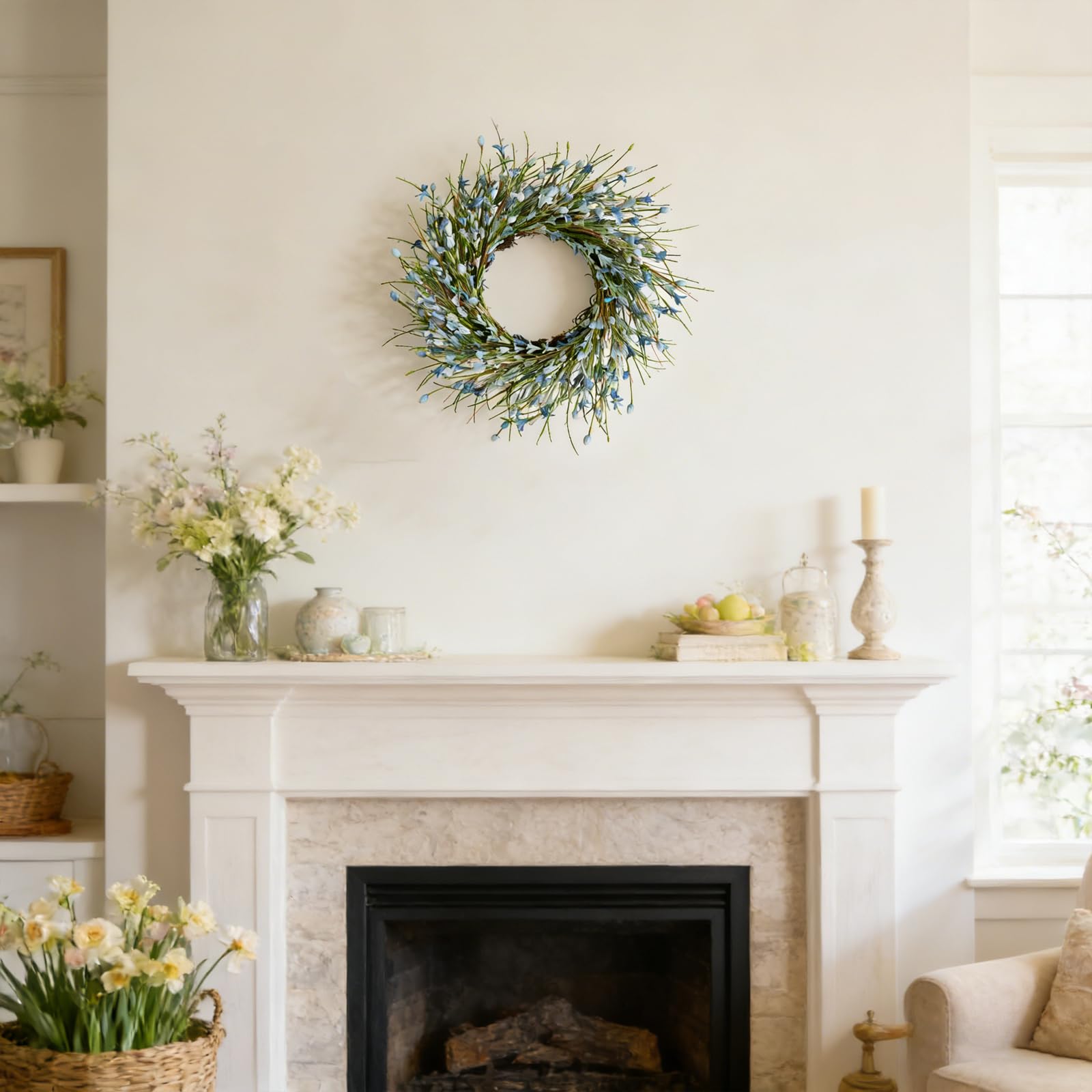 Bibelot 20in Forsythia wreath closeup reveals durable leaves.