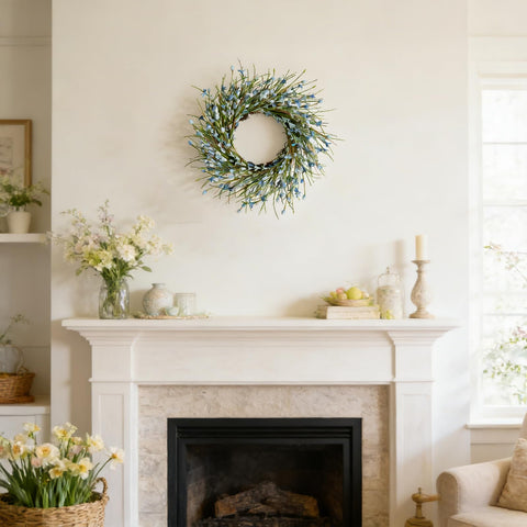 Bibelot 20in Forsythia wreath closeup reveals durable leaves.