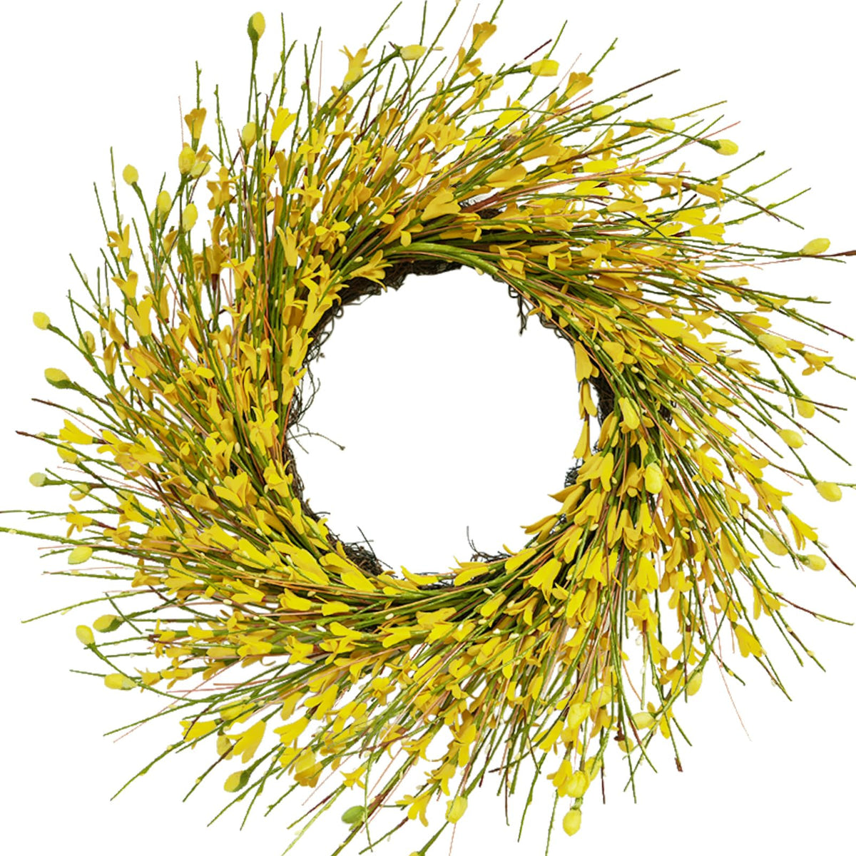Bibelot 20-inch artificial forsythia wreath on front door enhances curb appeal.