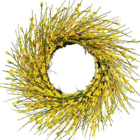 Bibelot 20-inch artificial forsythia wreath on front door enhances curb appeal.