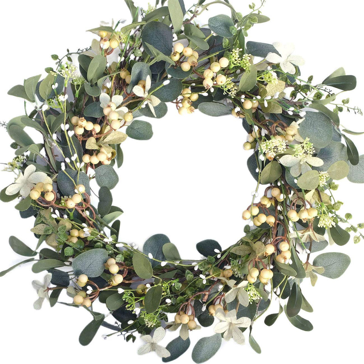 Bibelot 20-inch eucalyptus berry wreath on front door for seasonal charm.