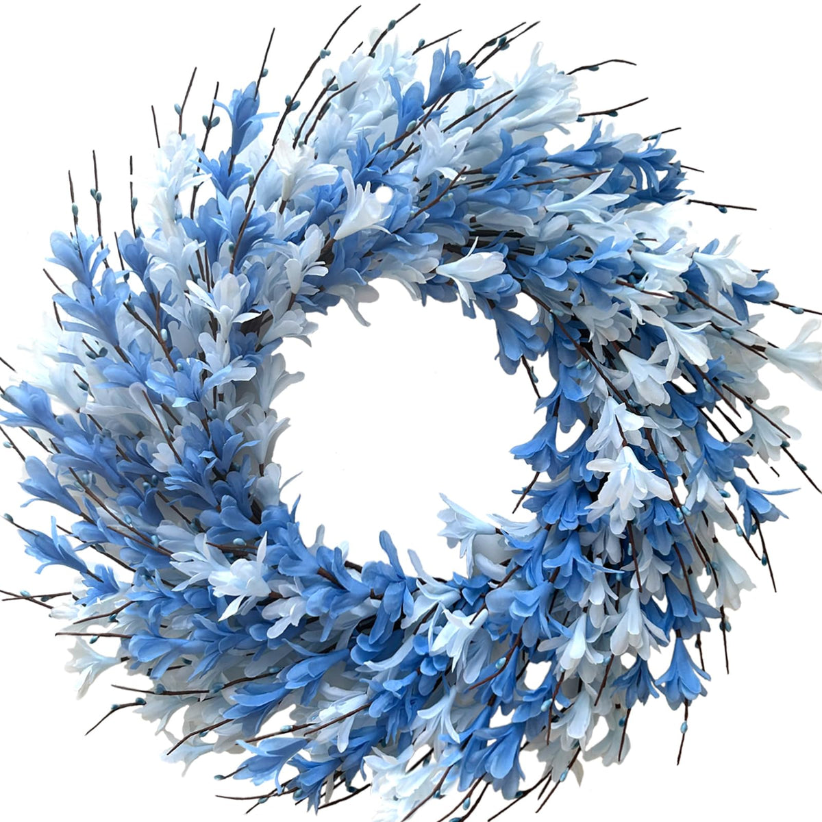 Bibelot 22-inch blue Forsythia wreath on front door adds vibrant curb appeal.