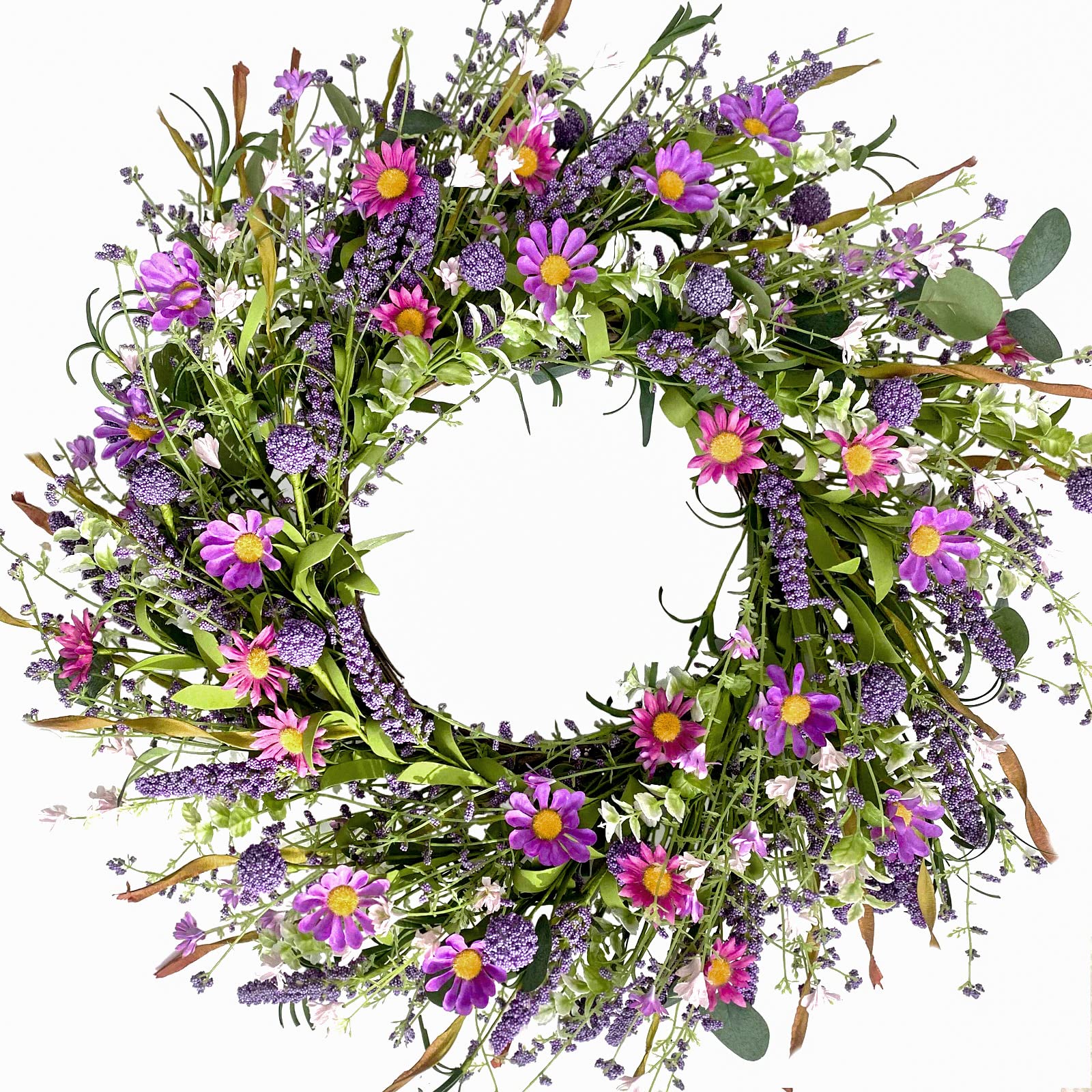 Bibelot 22-inch purple flower wreath on front door enhances curb appeal with vivid blooms.