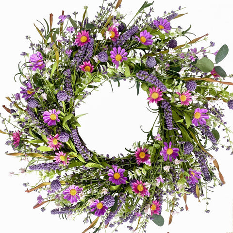 Bibelot 22-inch purple flower wreath on front door enhances curb appeal with vivid blooms.