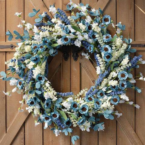 Bibelot 22inch spring wreath with blue and green leaves for inviting front door decor