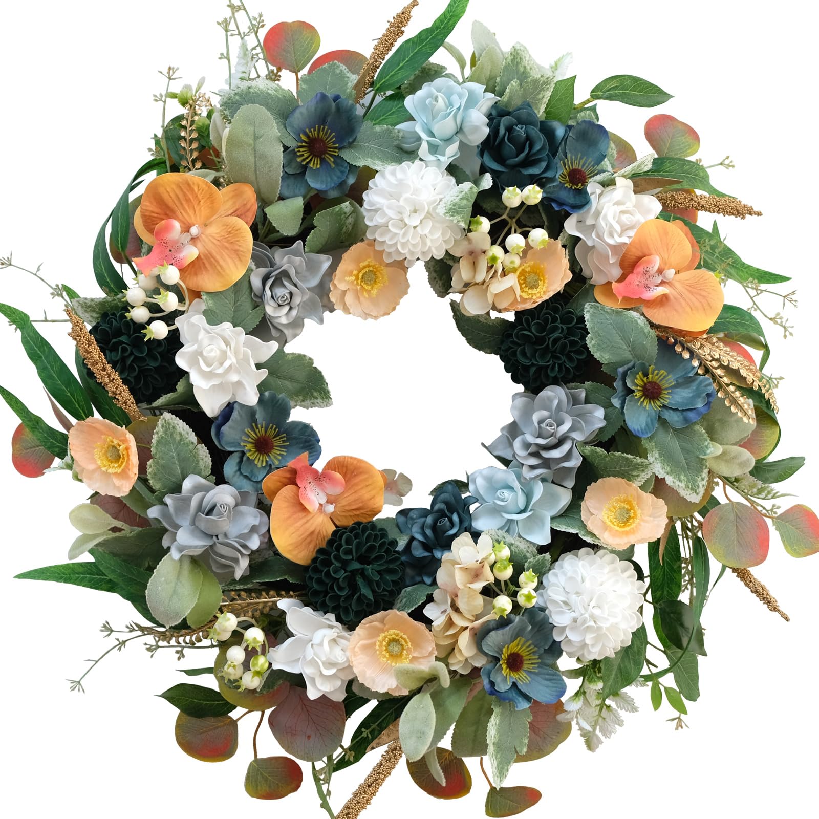 Bibelot wreath close-up showing dahlias and phalaenopsis in rich colors
