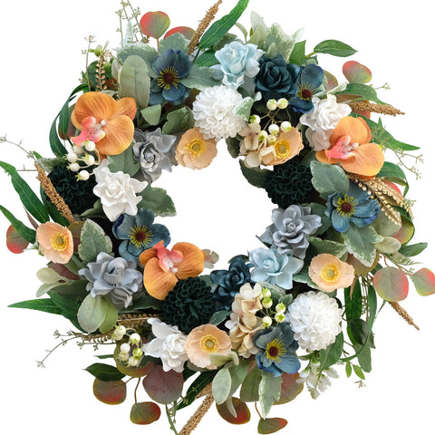 Bibelot wreath close-up showing dahlias and phalaenopsis in rich colors