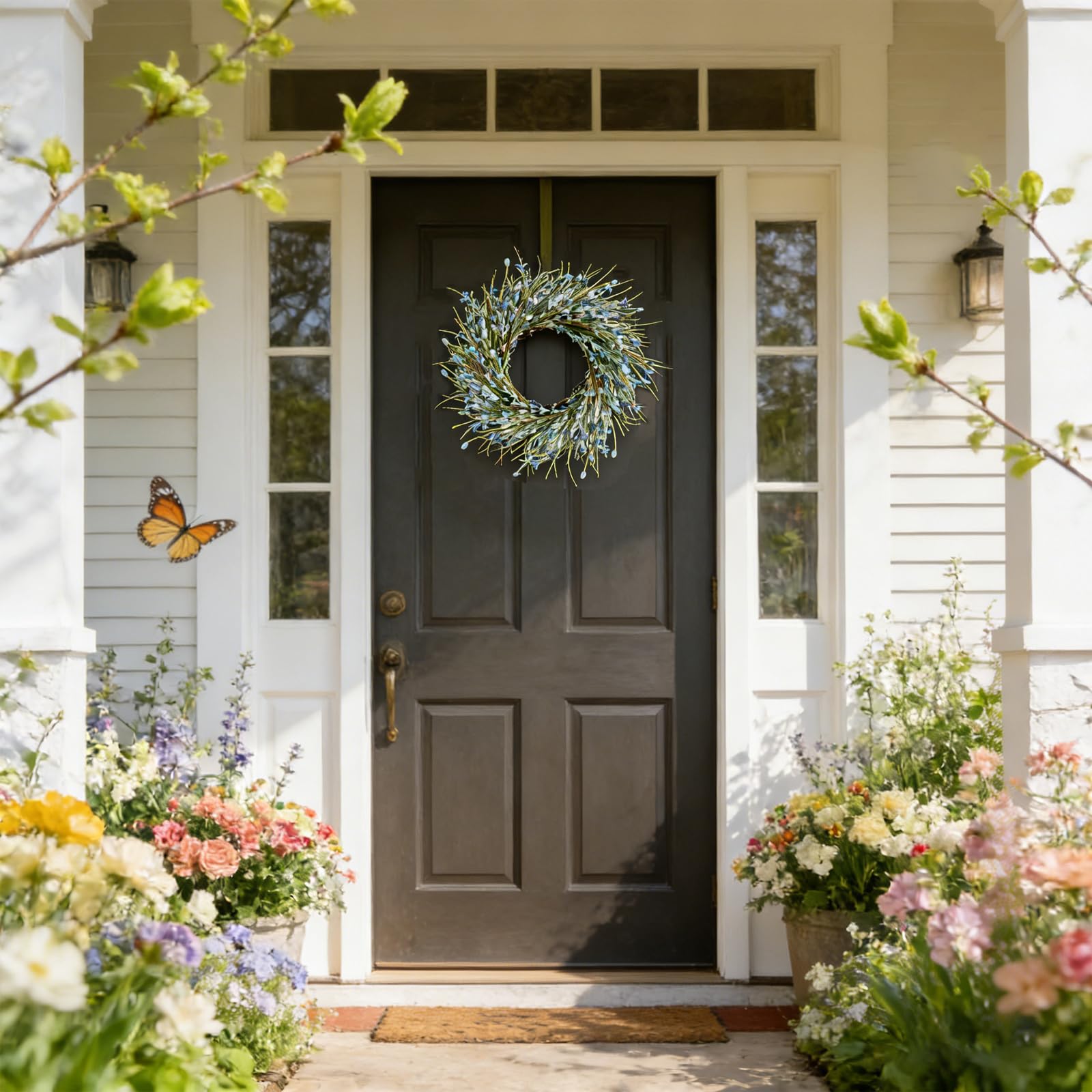 Bibelot artificial Forsythia wreath with green leaves for indoor decor.