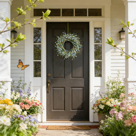 Bibelot artificial Forsythia wreath with green leaves for indoor decor.