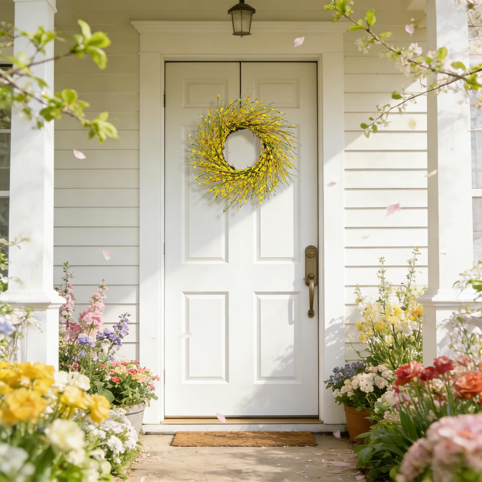 Bibelot artificial forsythia wreath suitable for indoor or outdoor display.