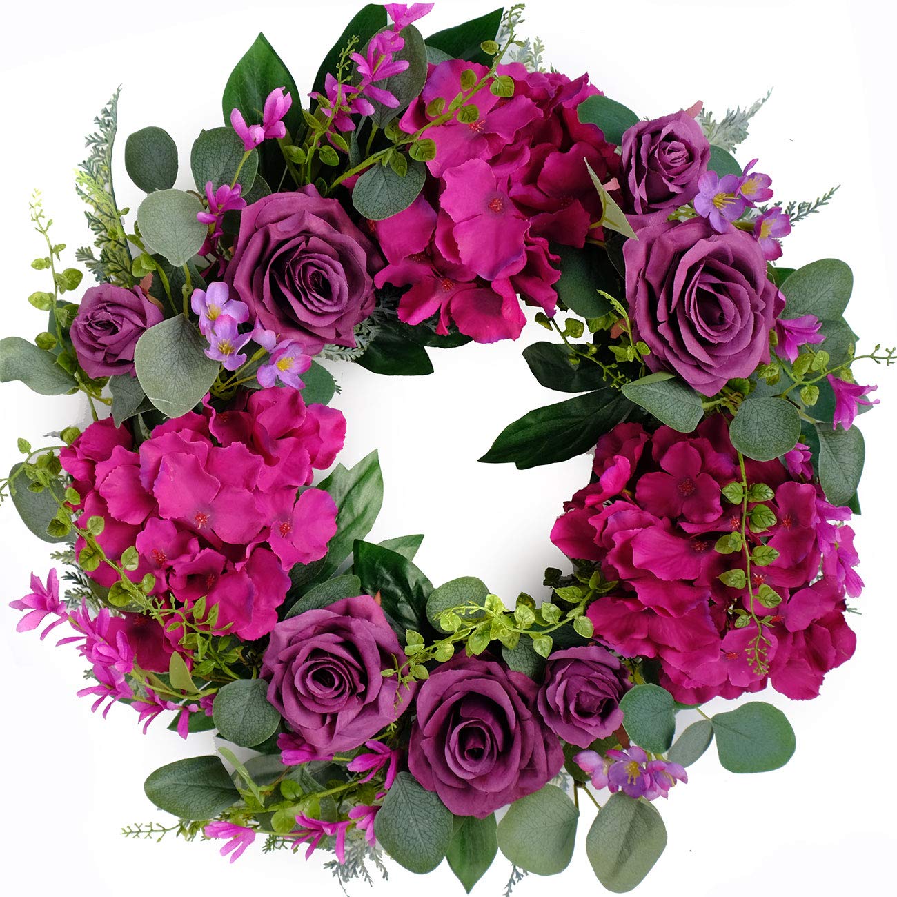 Bibelot artificial purple rose wreath on front door for warm curb appeal