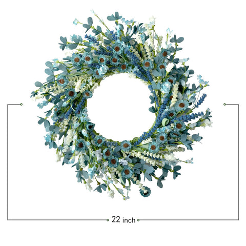 Bibelot blue daisy artificial flowers wreath enhances outdoor or indoor wall decor