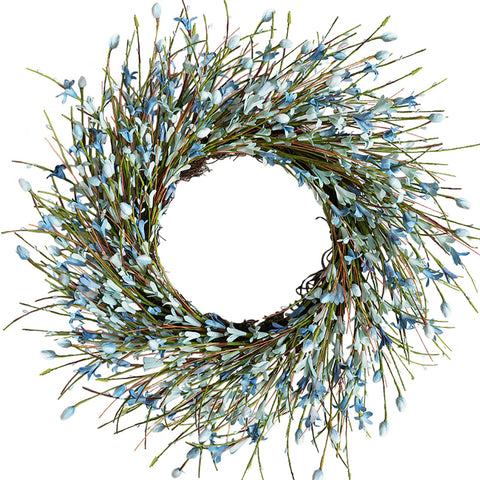 Bibelot blue Forsythia wreath on front door adds year-round curb appeal.