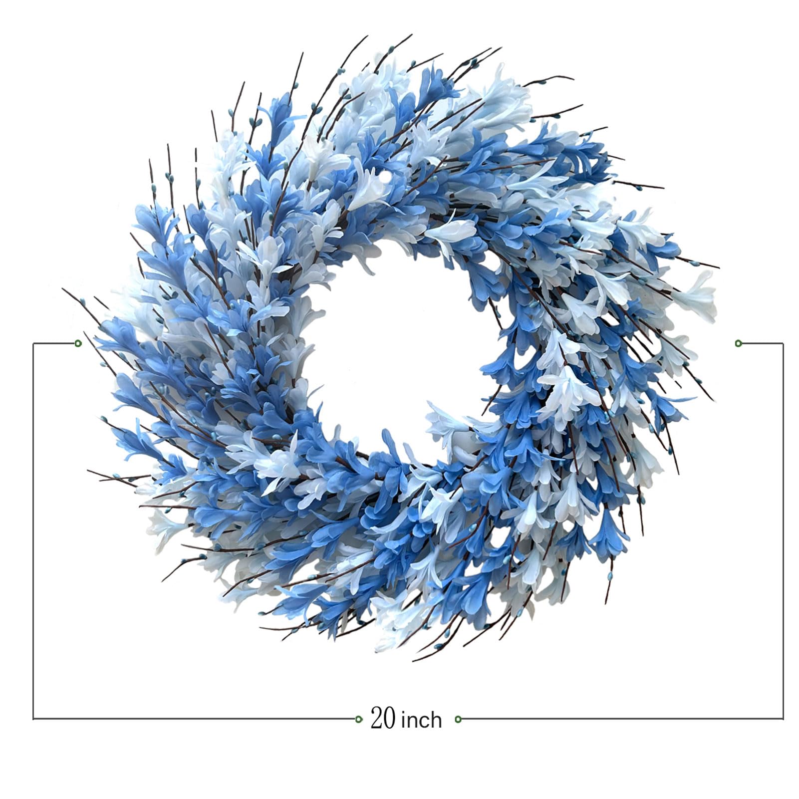 Bibelot Forsythia wreath blue wall display with natural-feel leaves.