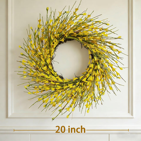 Bibelot forsythia wreath complements fireplace decor with year-round charm.