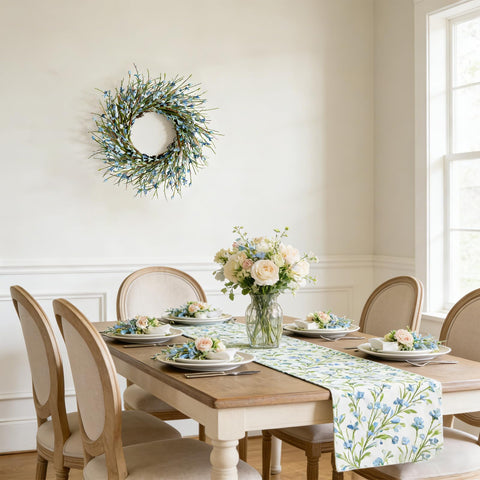 Bibelot blue wreath highlights porch decor for all-season styling.