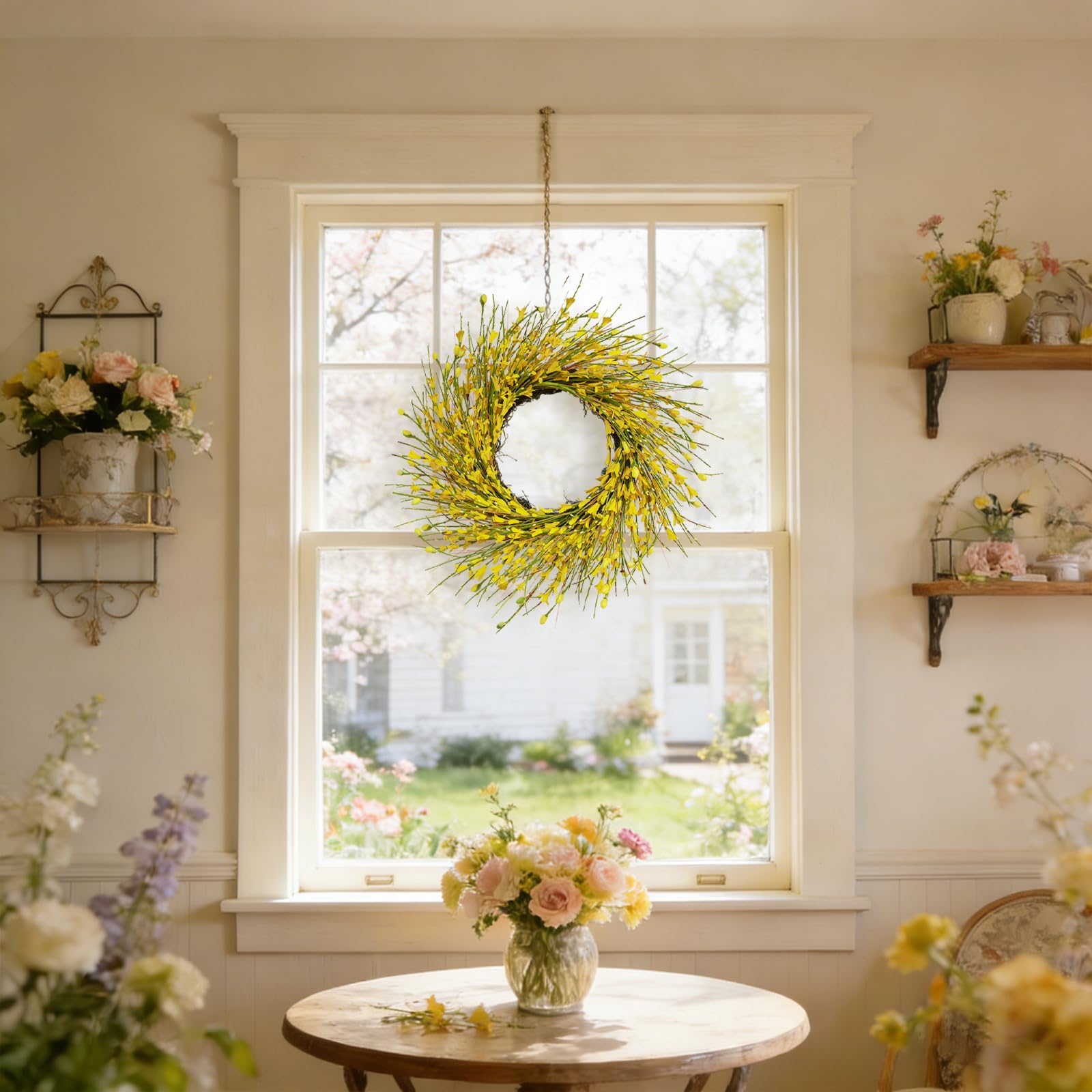 Bibelot wedding-window decor with bright yellow forsythia accent.
