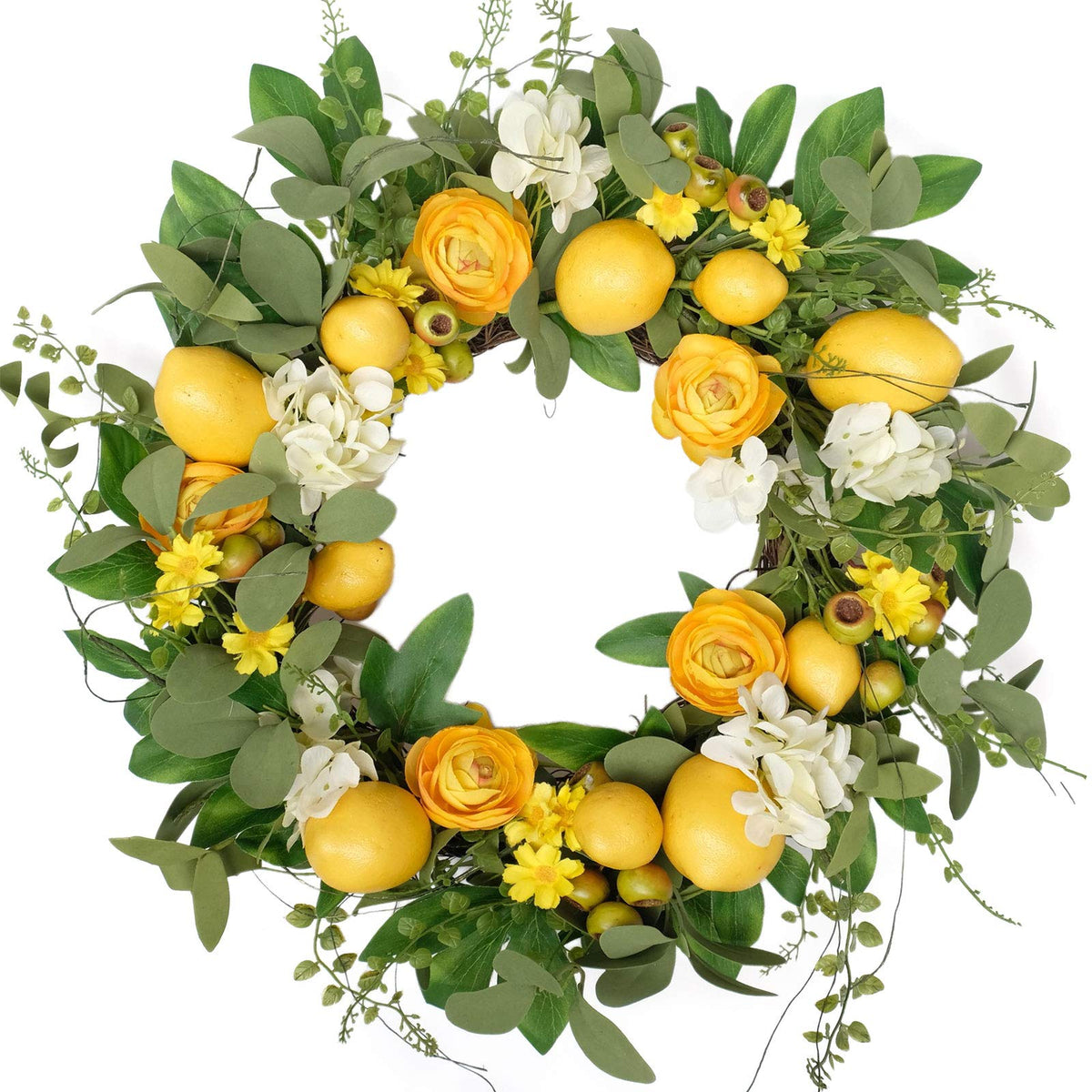 Bibelot 20-inch lemon wreath on front door, inviting spring curb appeal.