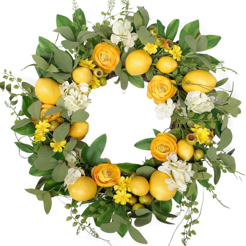 Bibelot 20-inch lemon wreath on front door, inviting spring curb appeal.
