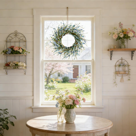 Bibelot outdoor-friendly Forsythia wreath hung on a covered porch.