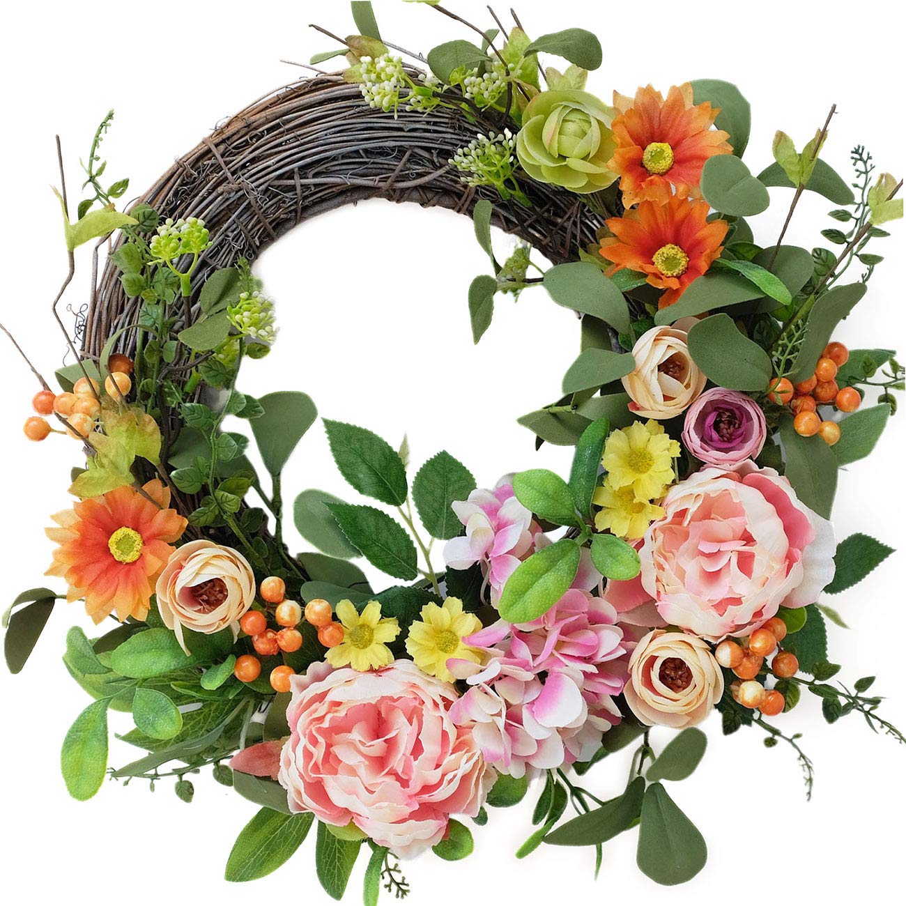 Bibelot pink peonies hydrangea daisies wreath brightens entryways with long-lasting color.