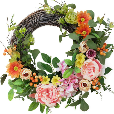 Bibelot pink peonies hydrangea daisies wreath brightens entryways with long-lasting color.