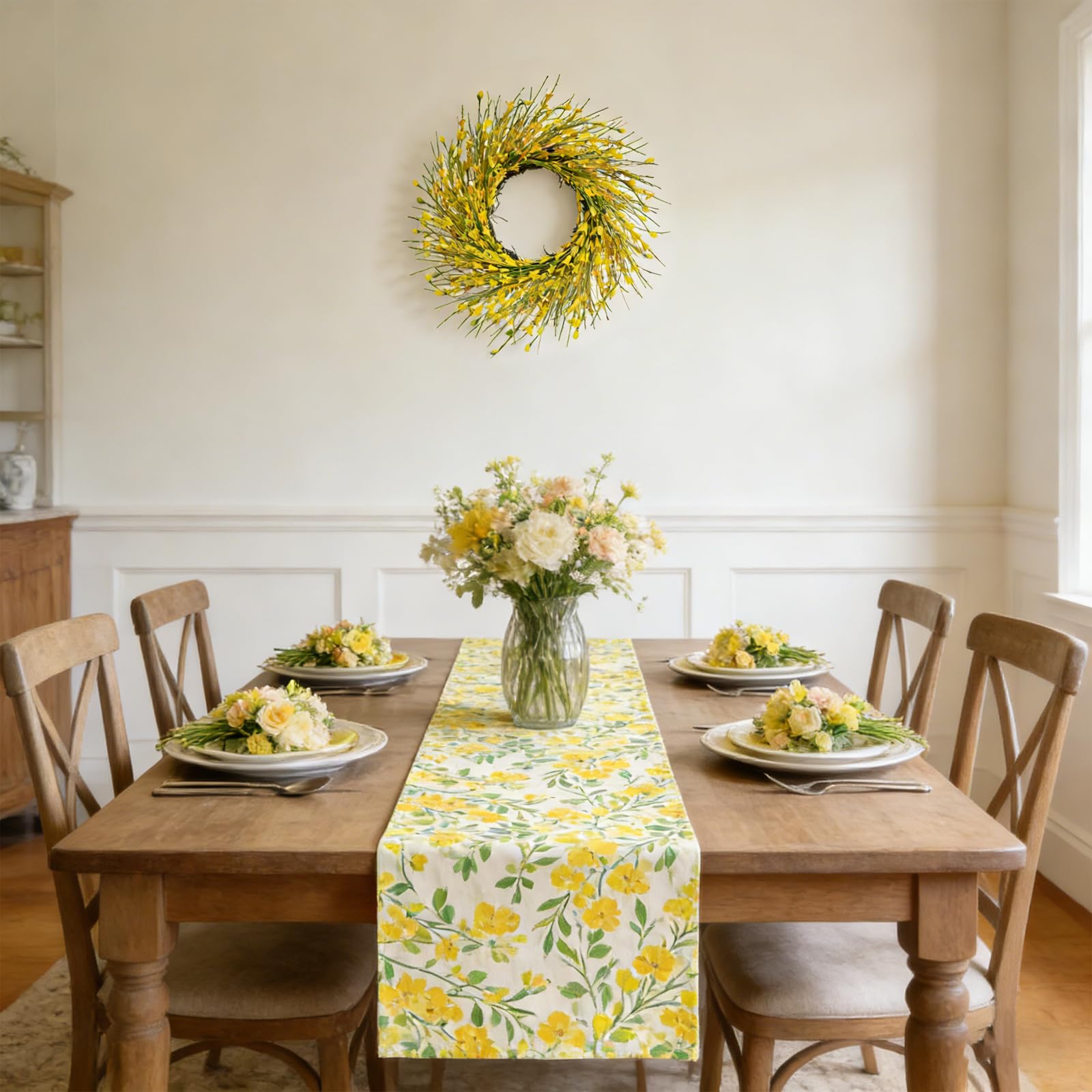 Bibelot porch-decor forsythia wreath stays vibrant year-round.