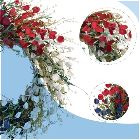 Close-up of Bibelot wreath showing red white blue artificial petals