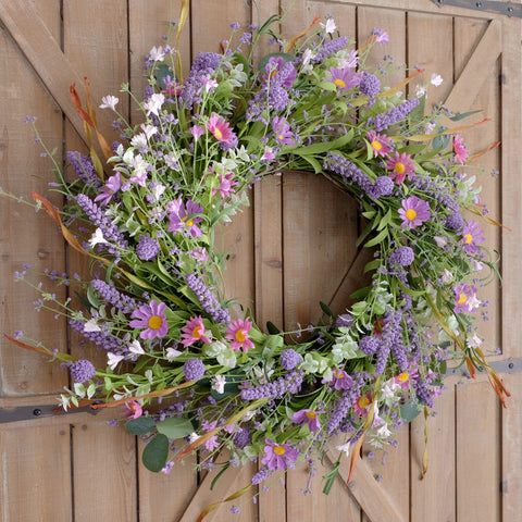Bibelot wreath showcases rustic farmhouse charm that pairs with metal or wood doors.