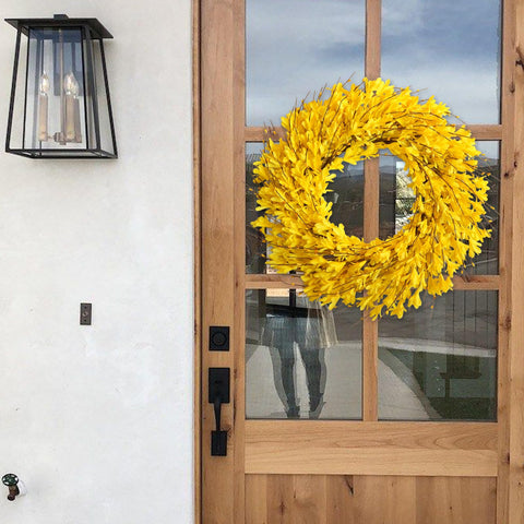 Bibelot silk forsythia blooms wreath on display for decor