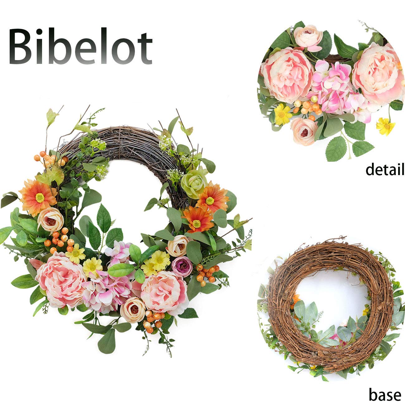 Bibelot spring-summer wreath for front doors, walls, or shelves with versatile styling.