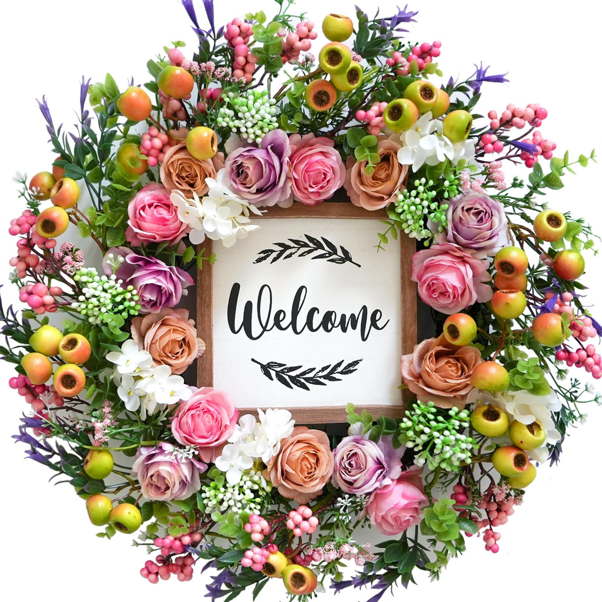 Bibelot Spring Summer Wreath front door with berries and flowers welcomes guests.