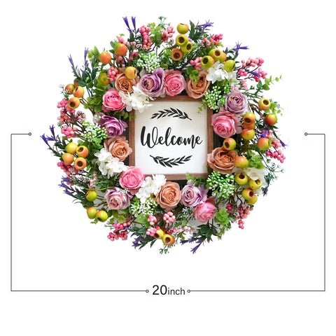 Bibelot Welcome Sign Wreath highlights friendly greeting for guests.