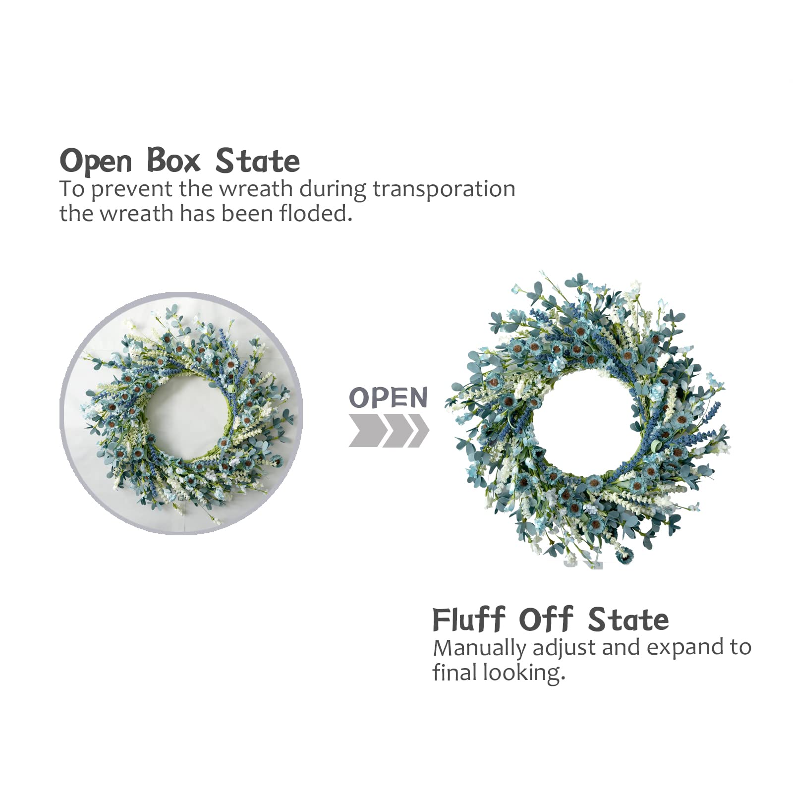 Bibelot white flower wreath with blue accents ideal for front door display