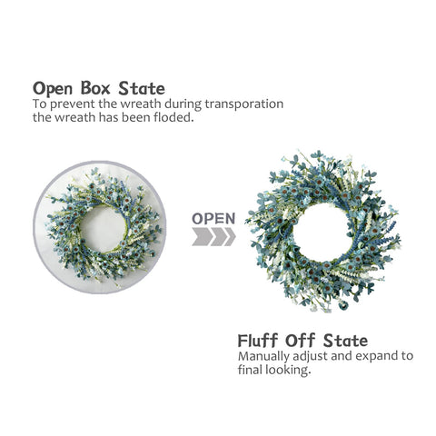 Bibelot white flower wreath with blue accents ideal for front door display