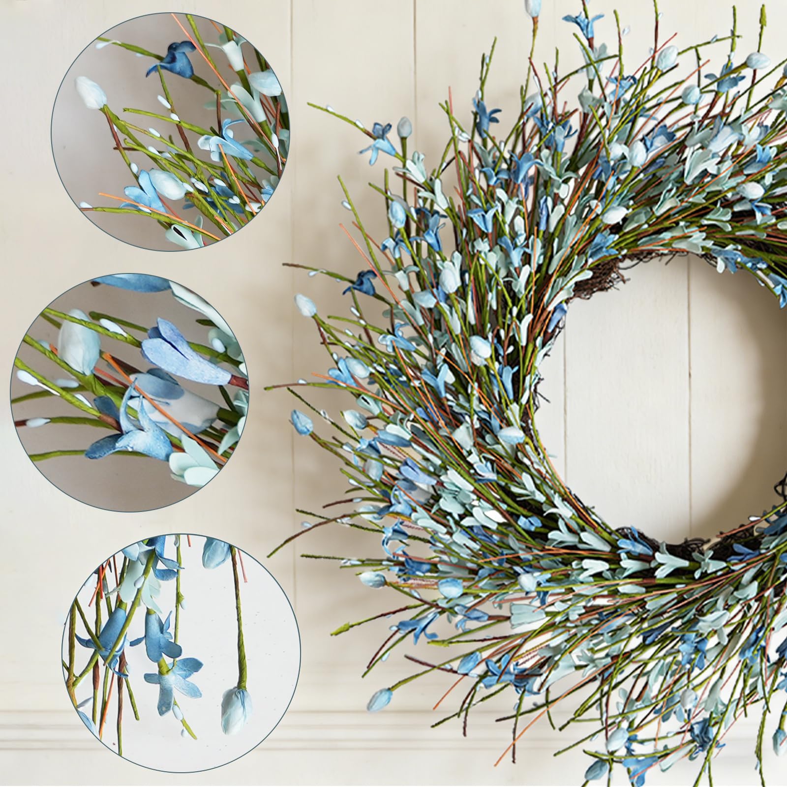 Bibelot blue Forsythia wreath decorates windows with romantic floral flair.