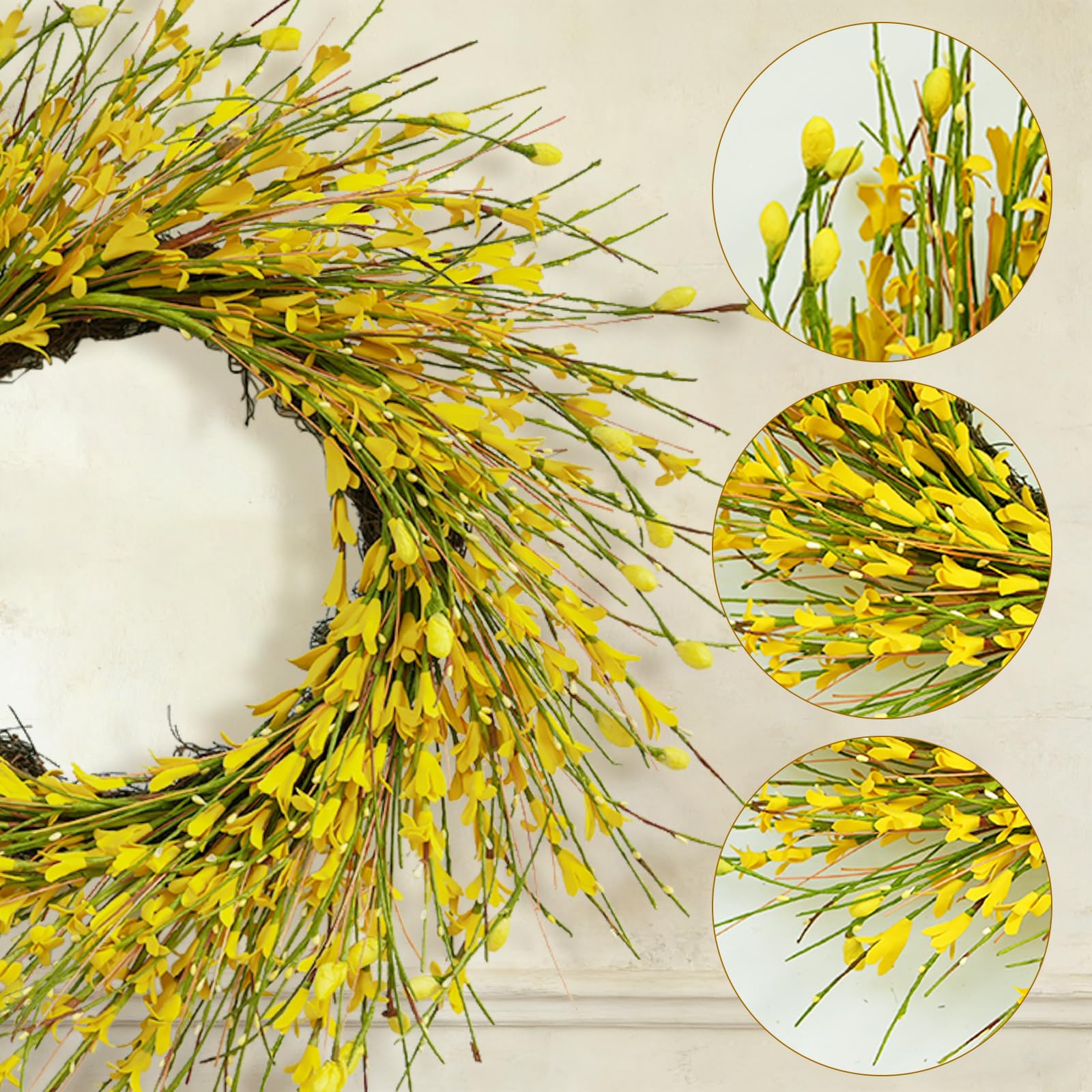 Bibelot yellow forsythia wreath adds seasonal warmth to windows.