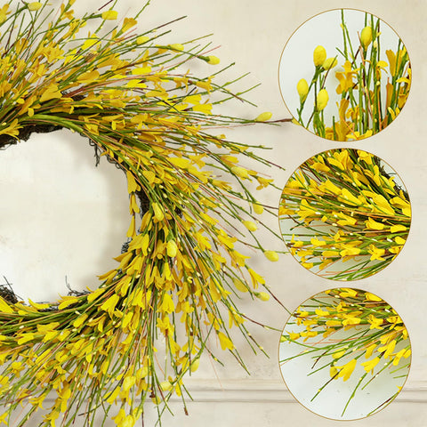 Bibelot yellow forsythia wreath adds seasonal warmth to windows.