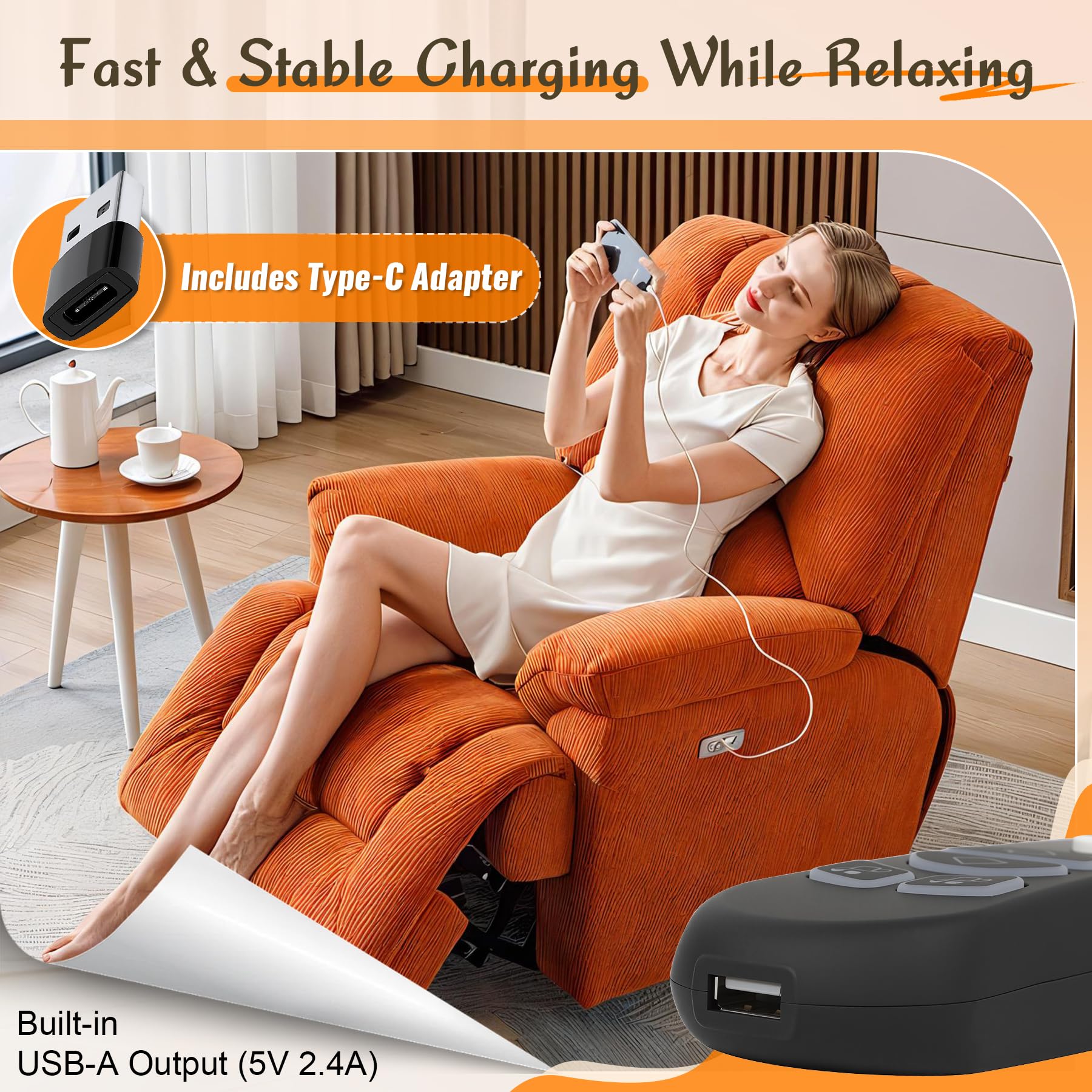 BIBIELF lift chair remote Type-C adapter included for charging.